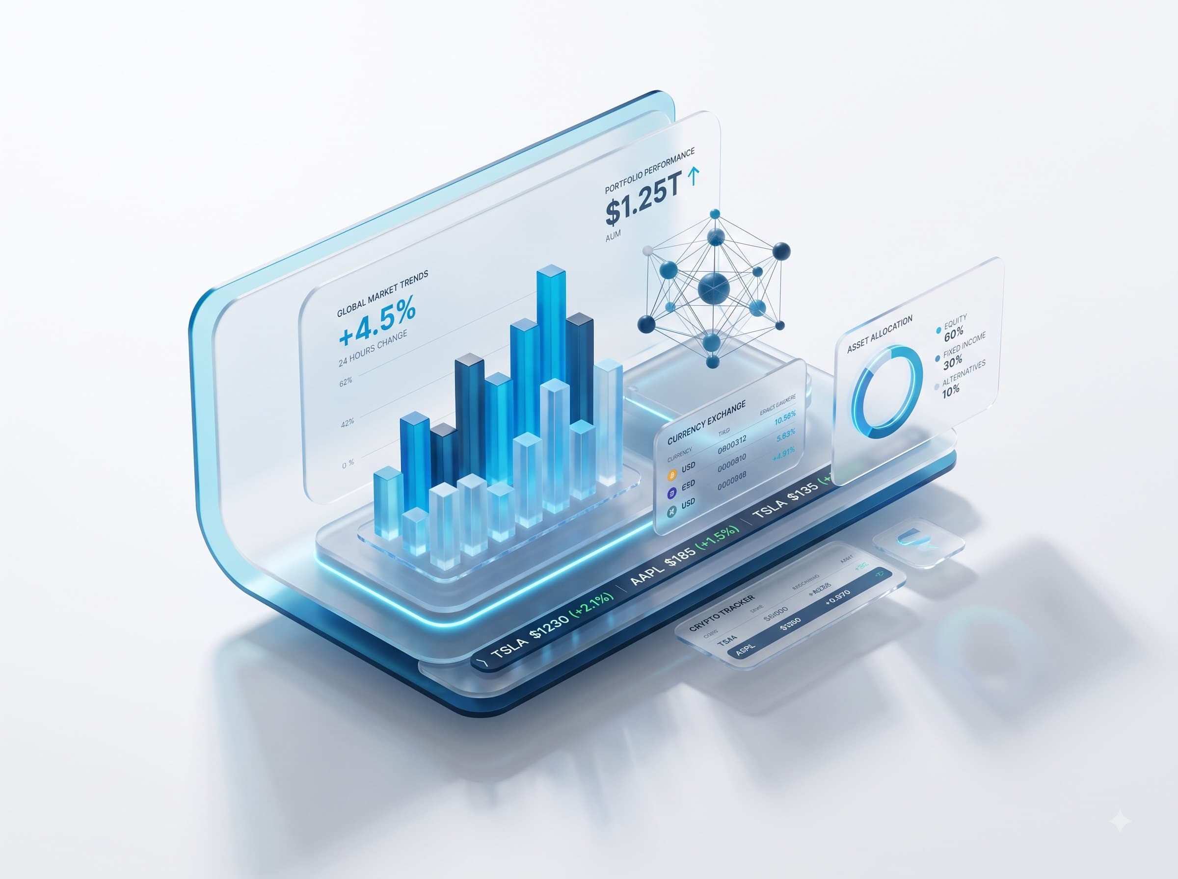 Illustration of a financial dashboard with performance charts, asset allocation and market data panels.